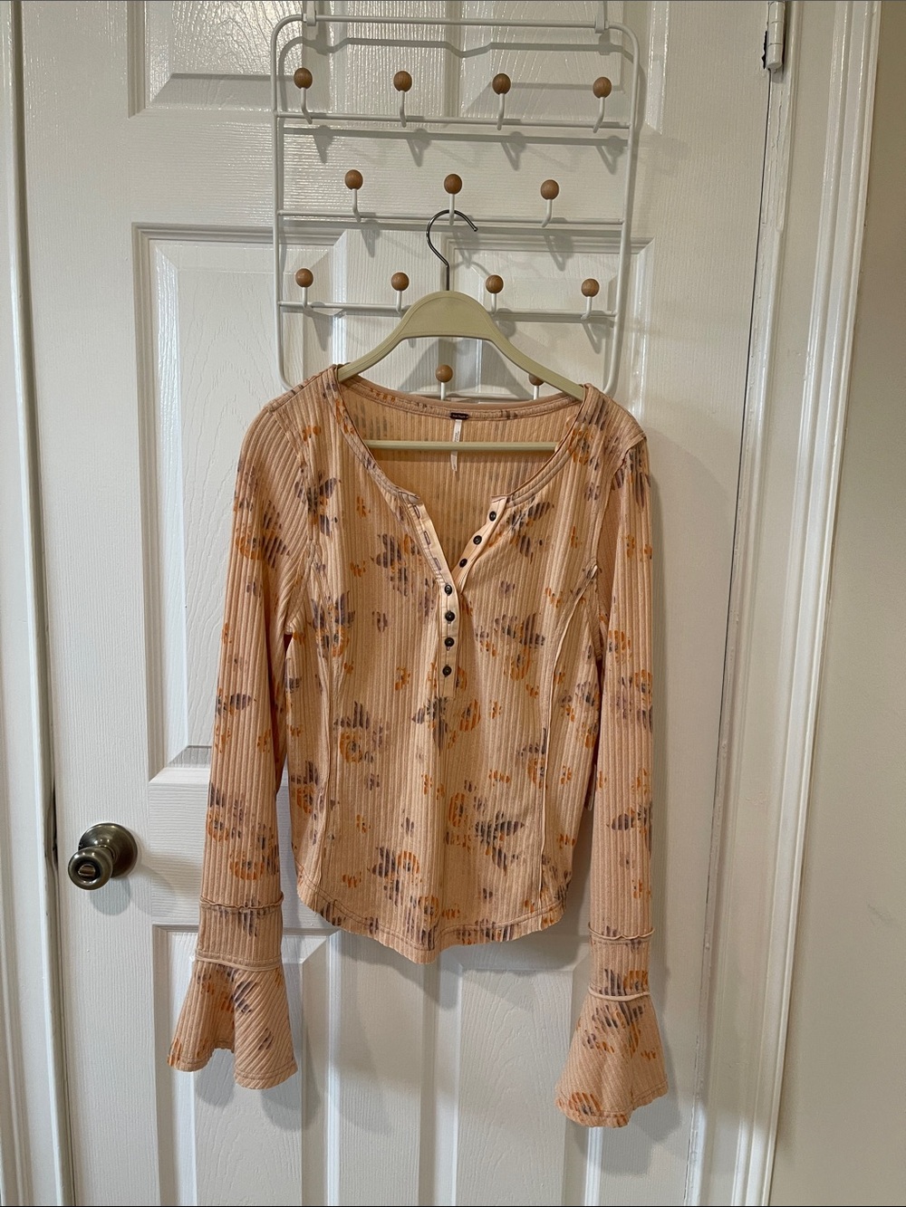 Free People Peach Floral Ribbed Henley with Bell Cuffs